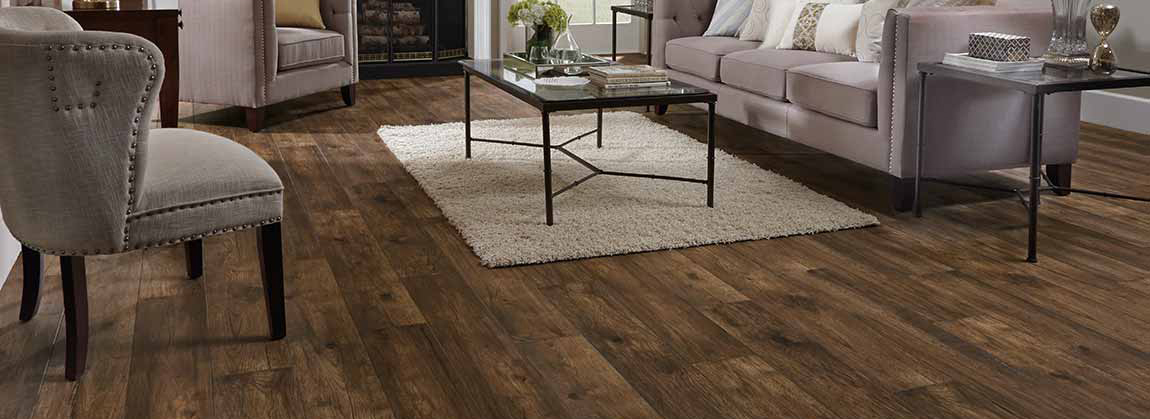 laminate wood flooring in living room with sofa, accent chairs, and area rug